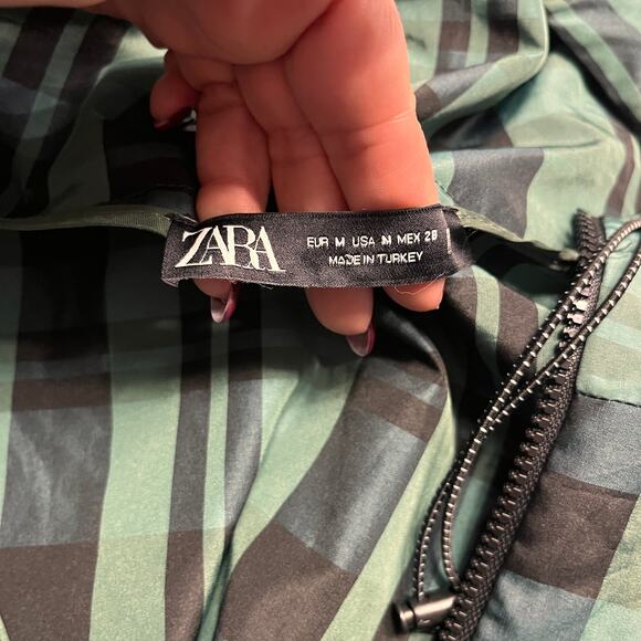 Zara Green & Black Plaid Windbreaker Pullover Hoodie Size Medium - Picture 5 of 9